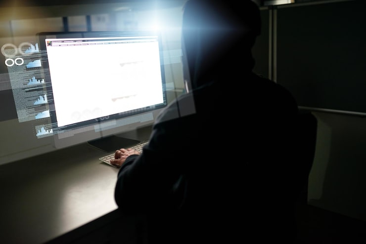 Photo person hacker and computer with hologram working on virus installation for firewall bypass and hub database overlay and dashboard with charts and programming and cyber security crime software