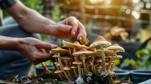 person hand harvesting psychedelic psilocybin mushrooms homemade or laboratory