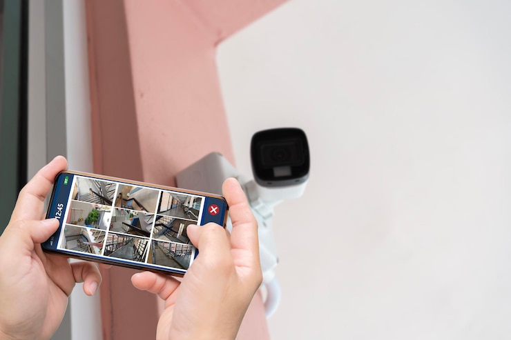 Photo person hand holding smartphone with multiple camera views of office locations surveillance modern technology blurred background