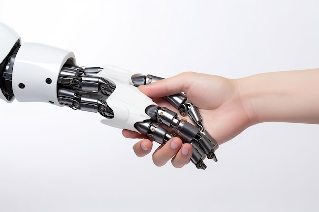 a person handshake with robot artificial intelligence digital transformation on white background