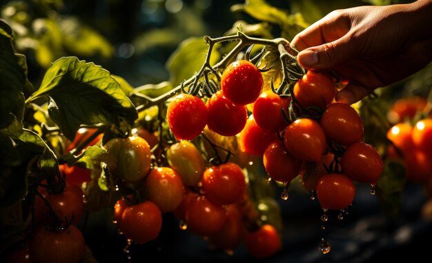 Person harvesting fresh tomatoes from a tomato plant in a garden