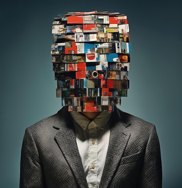 a person in a head covered with pictures in the style of fragmented icons