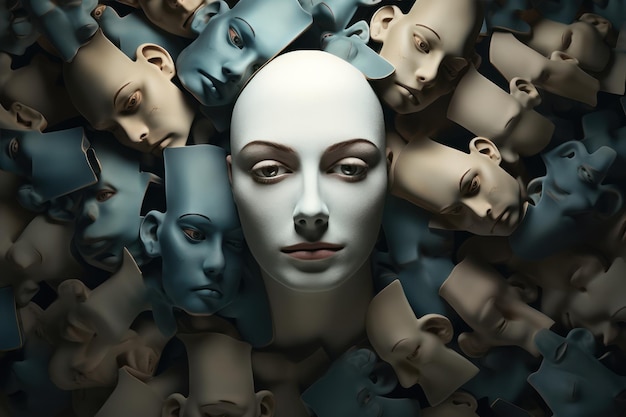 コラージュの周りに多くの顔を持つ人の頭 神経多様性または精神的に健康的な概念 感情を隠す