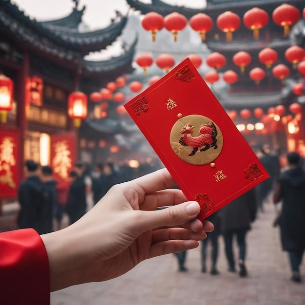 写真 中国の新年を祝うために中国の伝統的な赤い封筒を握っている人