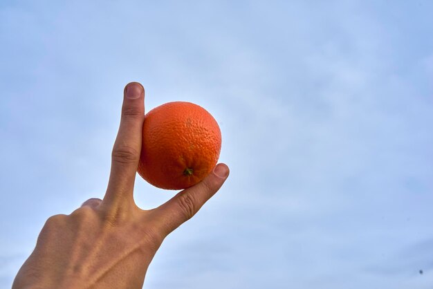 写真 空に向かってリンゴを握っている人