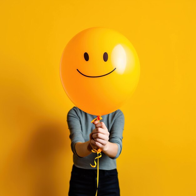 Photo person holding a balloon unrecognizable person holding yellow balloon against orange ai generated