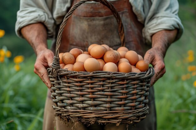 Person holding a basket of fresh eggs at a farm