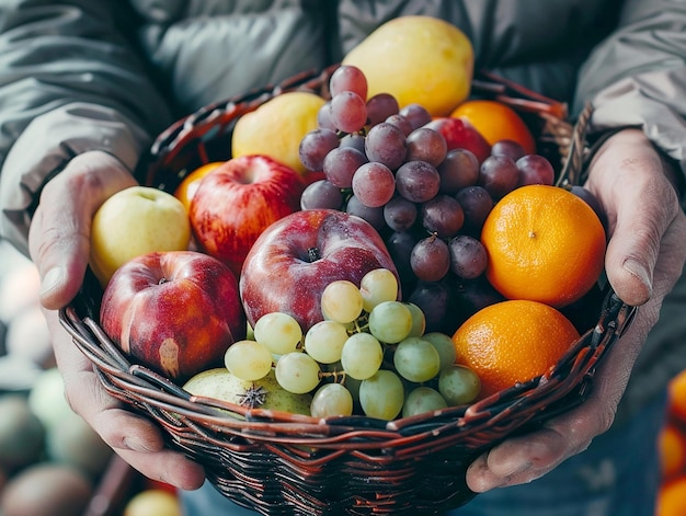 Foto persona che tiene un cesto pieno di frutta