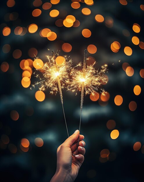 person holding bengal lights or sparklers on a bokeh ackground