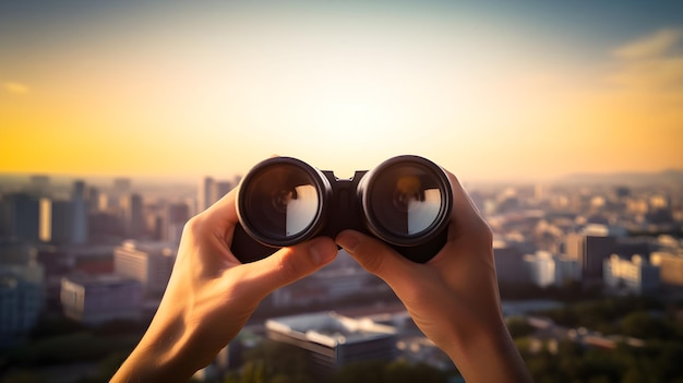 A person holding binoculars with the word search on it