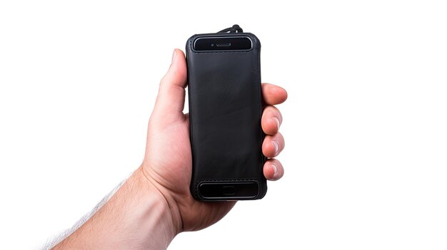 a person holding a black phone that has the back of it