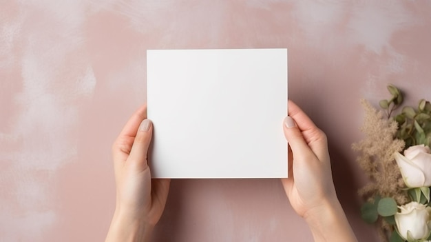 person holding a blank card on hand top view