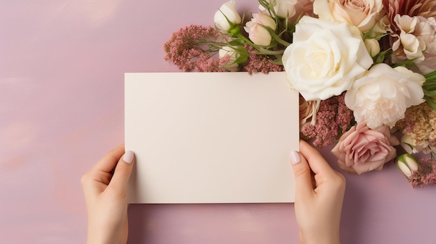 person holding a blank card on hand top view