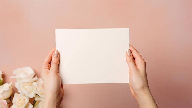 person holding a blank card on hand top view