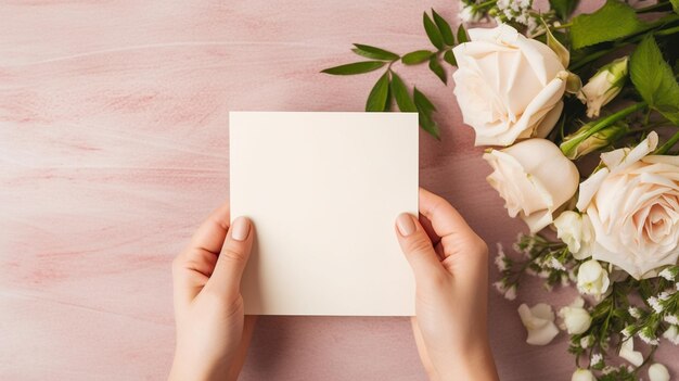 person holding a blank card on hand top view