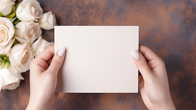 person holding a blank card on hand top view
