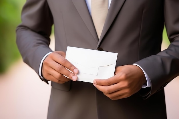 Person holding a blank envelope mock up style AI Generated