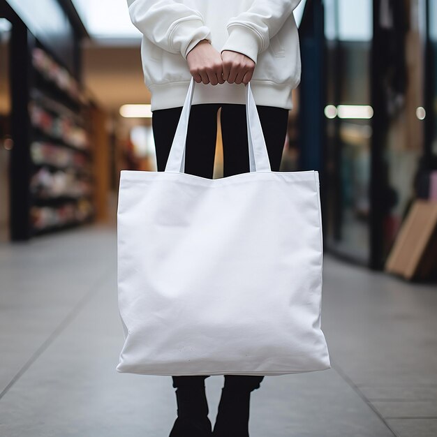 Person Holding Blank White Canvas Bag Shopping