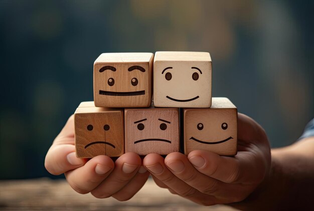 person holding blocks on which some squares are smiling and two sad in the style of minimalistic