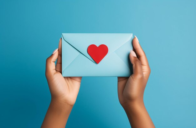 a person holding a blue envelope with a heart on it