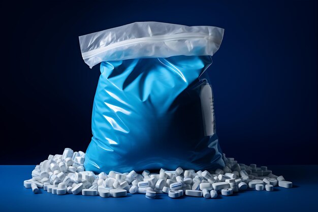 Photo person holding blue trash bag of pills