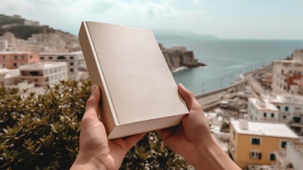 a person holding a book with the word " on it.