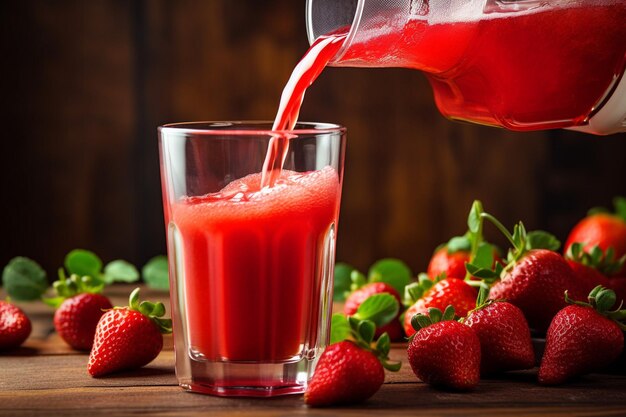 Photo person holding a bottle of freshly squeezed strawberry juice against a vibrant background