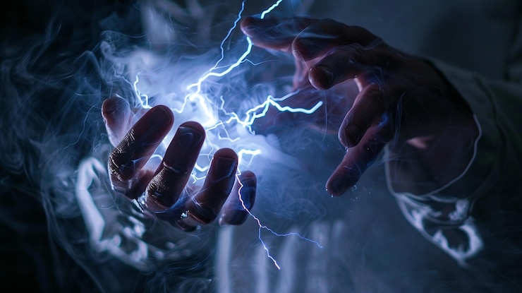 Photo a person holding a bottle of lightning in their hands
