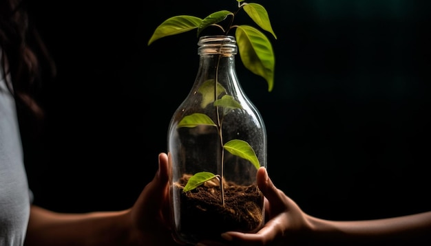 A person holding a bottle with a plant growing inside.