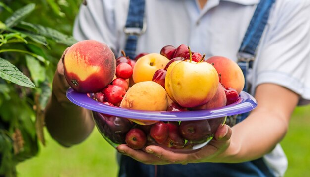 A person holding a bowl of fruit