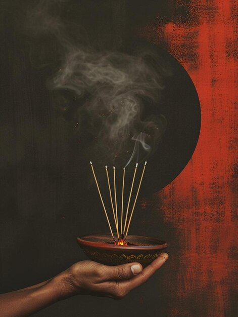 Photo a person holding a bowl with incense sticks in it