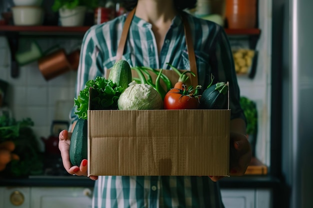 Photo person holding a box full of fresh organic vegetables in the kitchen