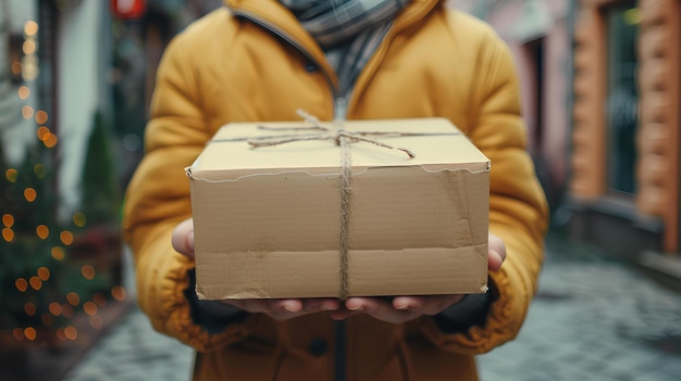 A person holding a box with a string on it in their hands and a scarf on his head in a city a