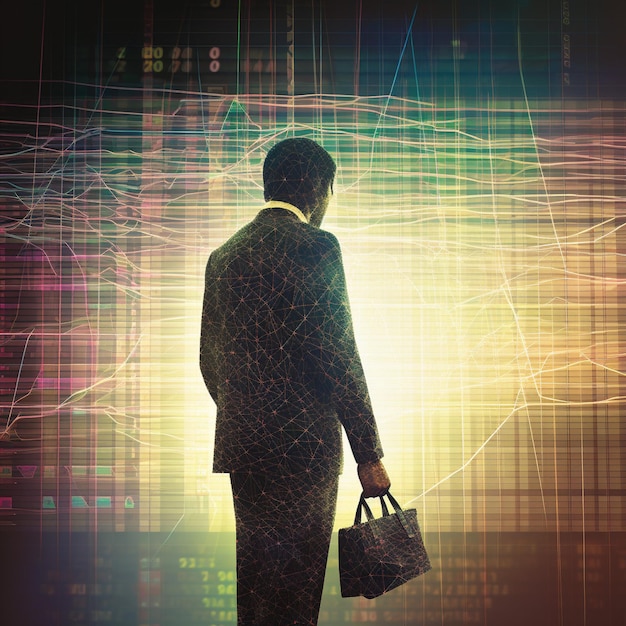 Person Holding a Briefcase and Standing in Front of Stock Market Ticker Tape for Representing the Intersection of Finance and Business