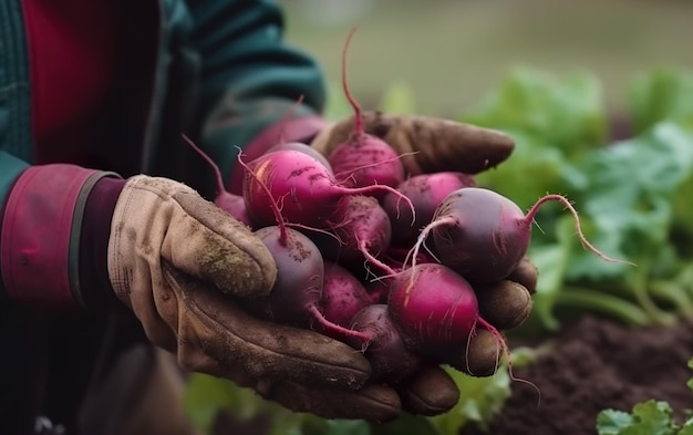 A person holding a bunch of beets