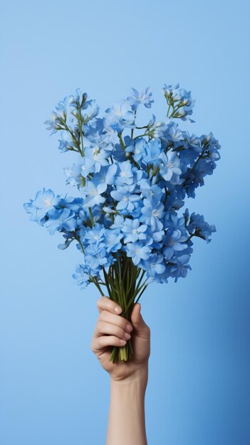 A person holding a bunch of blue flowers