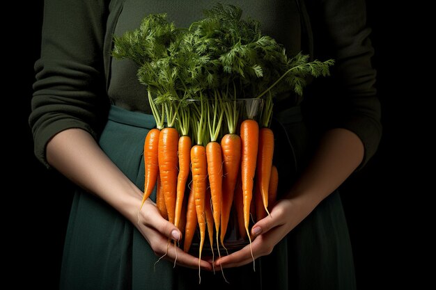 A person holding a bunch of fresh carrots with a glass of juice beside them