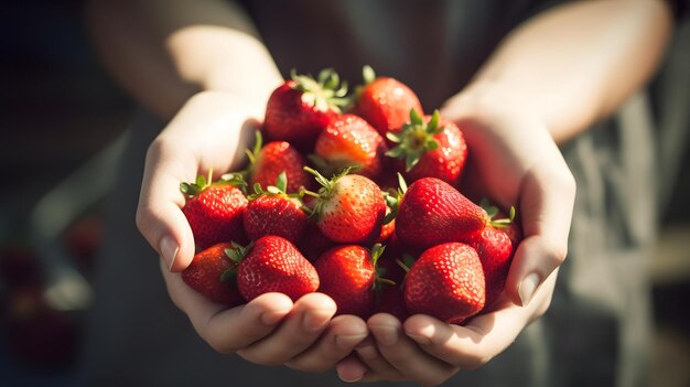 A person holding a bunch of strawberries