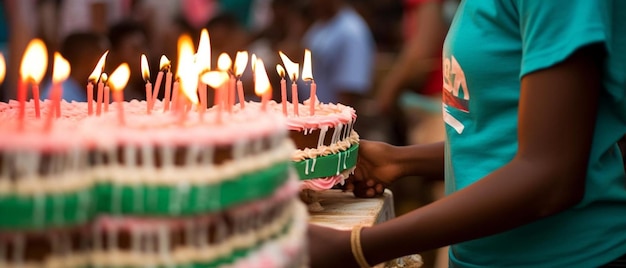 A person holding a cake with lit candles