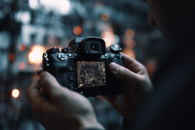 A person holding a camera with a lit up screen that says'camera '