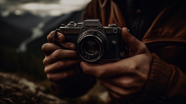 A person holding a camera with the word camera on the front.