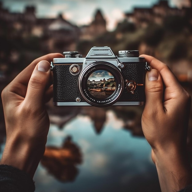 A person holding a camera with the word photography on the lens