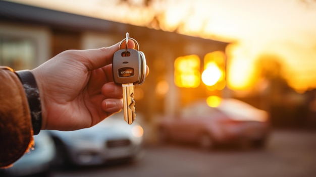 a person holding a car key and a car in the background