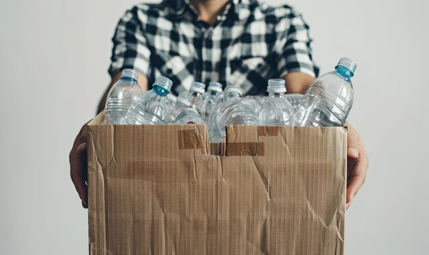 リサイクル用のプラスチックボトルで満たされた紙箱を握っている人 環境