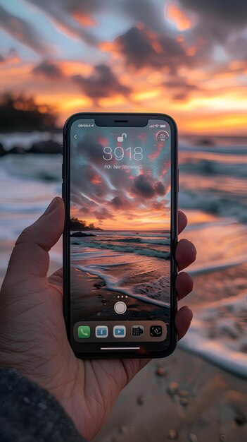 A person holding a cell phone in their hand near the ocean at sunset or sunrise time with the sun