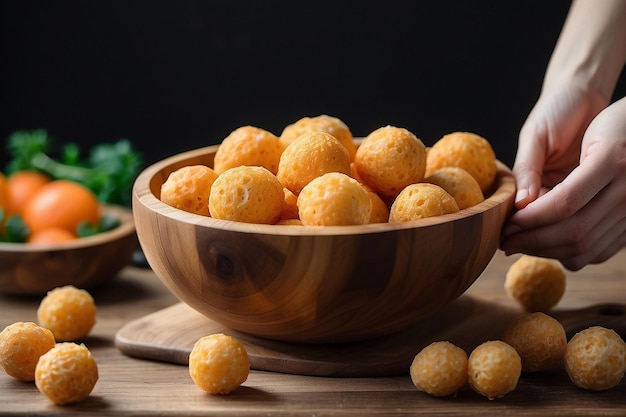 Photo person holding cheese balls in wooden bowl