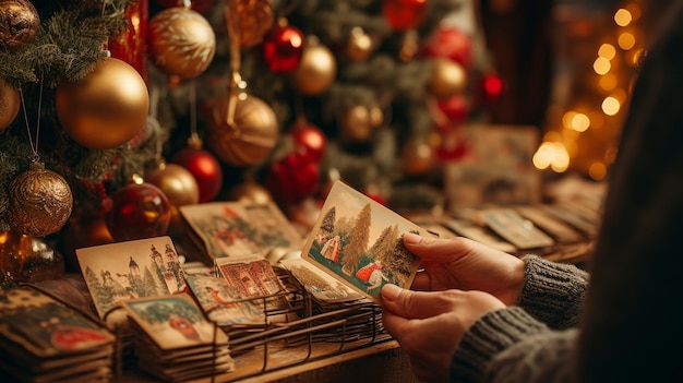 Person Holding Christmas Card in Front of Christmas Tree