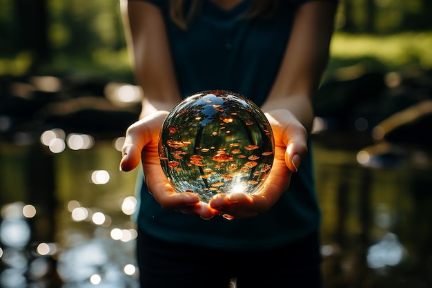 Photo person holding clear stone