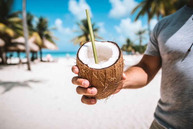 Foto persona che tiene una bevanda di cocco con la paglia