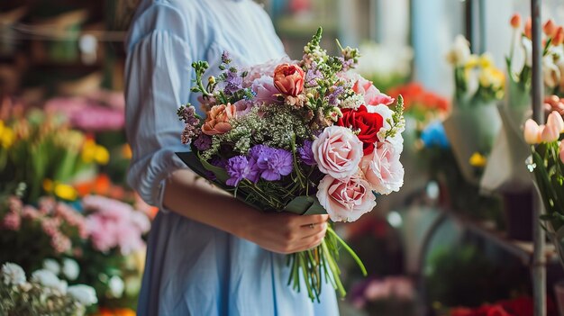 Person holding colorful bouquet in flower market